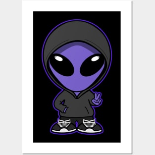 Hooded Space Alien Peace Hand Sign Purple Posters and Art